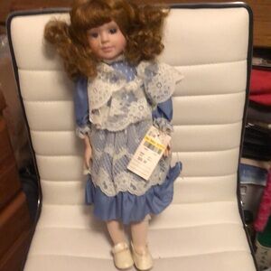 Porcelain Doll in Blue Dress with Lace